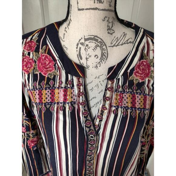 Floral Embroidered Multicolor Blouse Long Sleeve Button Front Striped Size S/M - Picture 10 of 11